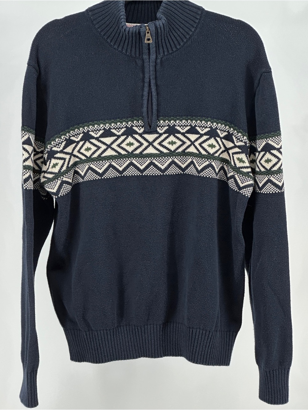 Weatherproof Vintage Large Navy Quarter Zip Sweater Cream & Green Fair Isle Band